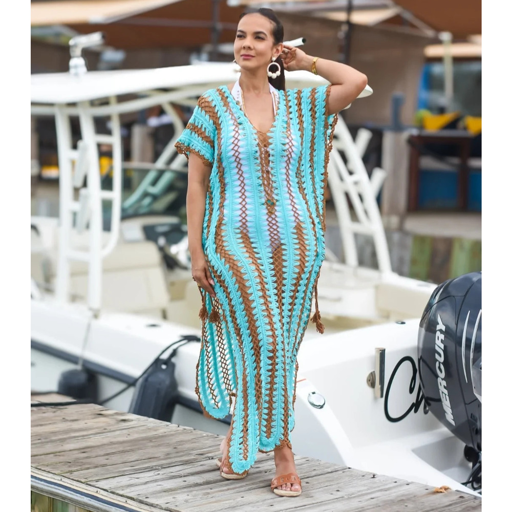 Crochet Maxi Cover Up Dress M/L Blue Brown Knit Boho Festival Cowgirl Beach - Picture 5 of 11